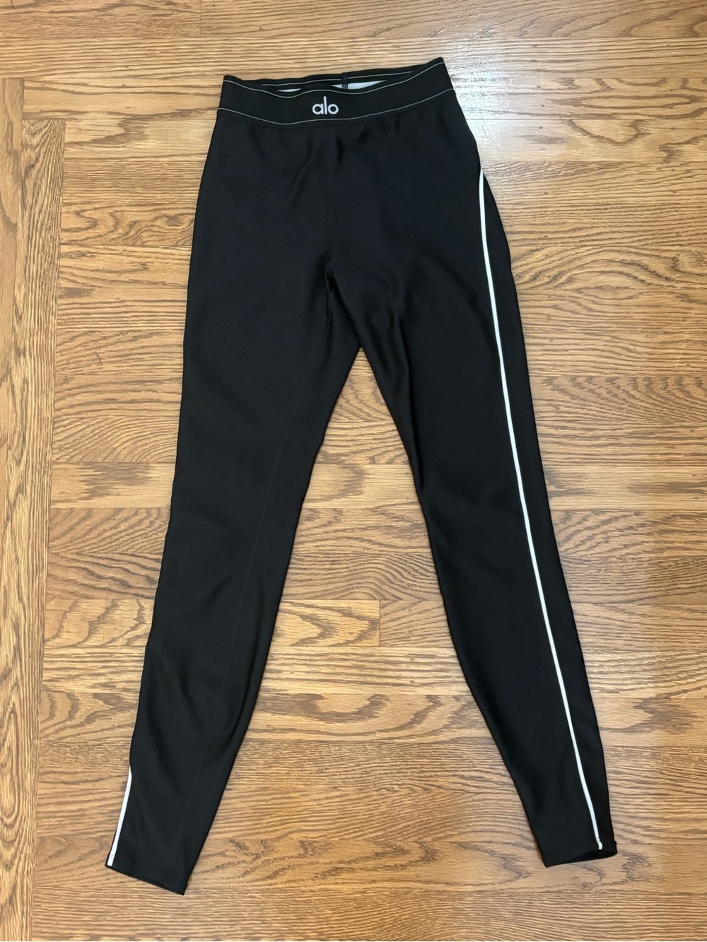 Alo Black Leggings with White Side Stripe